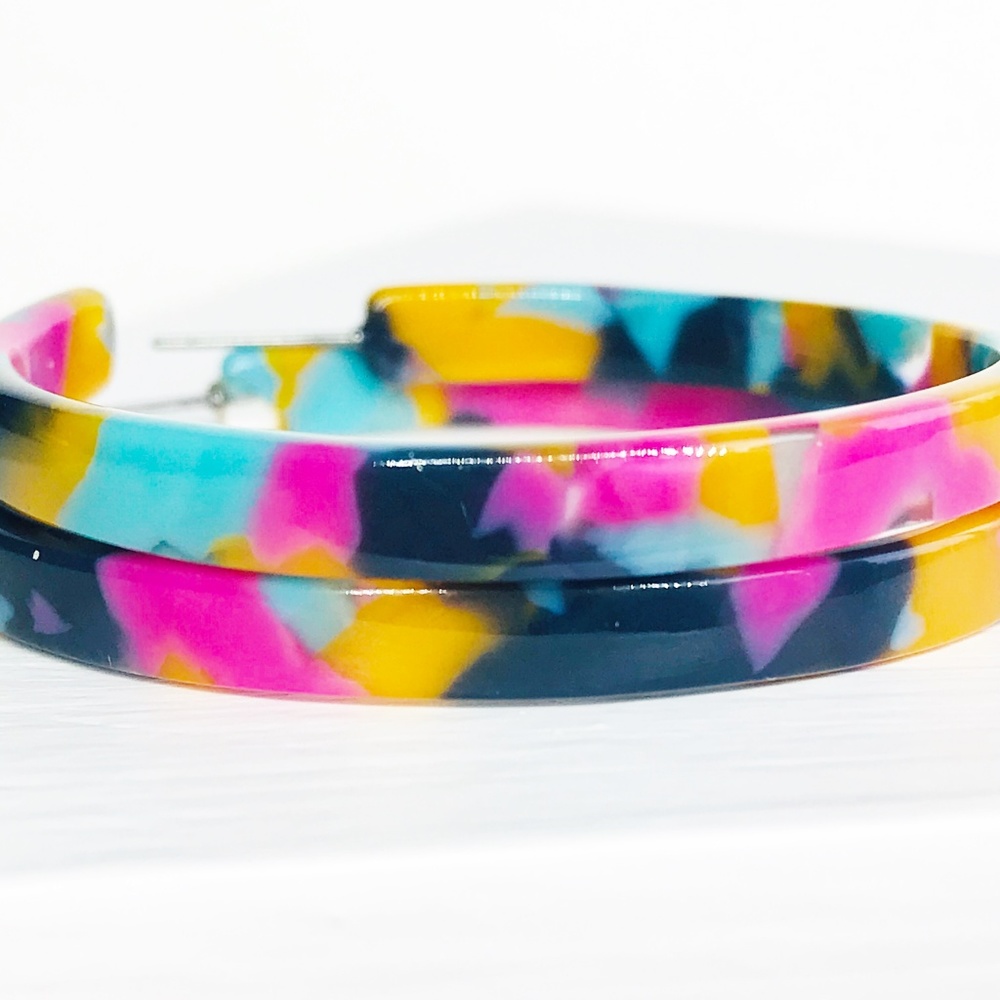 Acrylic Hoop Earrings in Pink, Blue and Yellow - Picture 2 of 7
